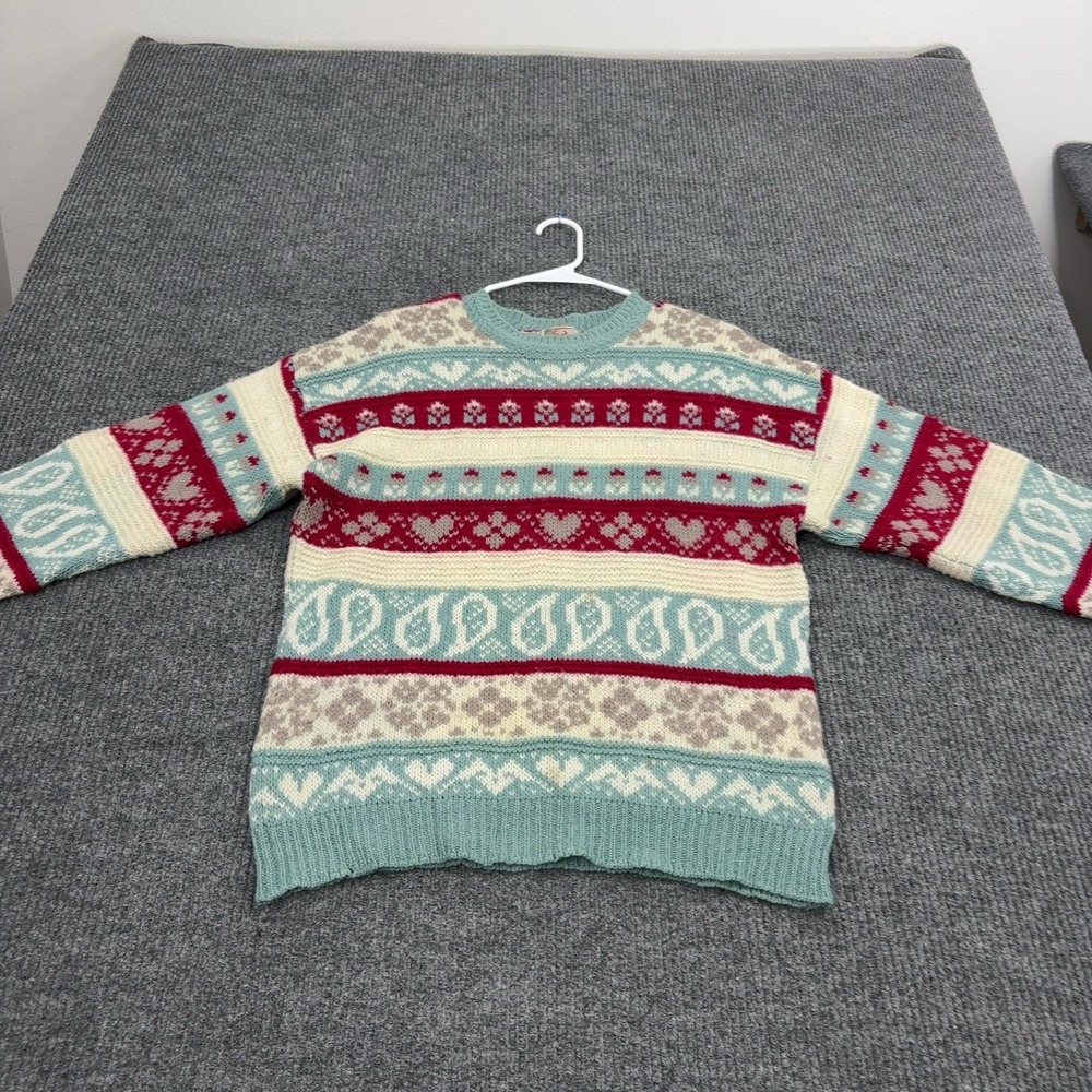 Vintage Stefanel Sweater Womens M Teal Red Knit Paisley Heart Fair Isle Boho